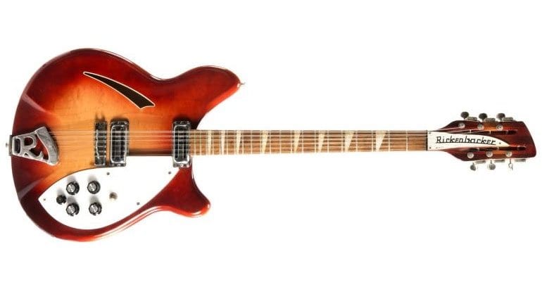 A 1966 Rickenbacker 360 12-string guitar, serial number FD 1433, in fireglow finish. Comes with an orange road case stenciled "G1" with tape marked "FZ 12 string."