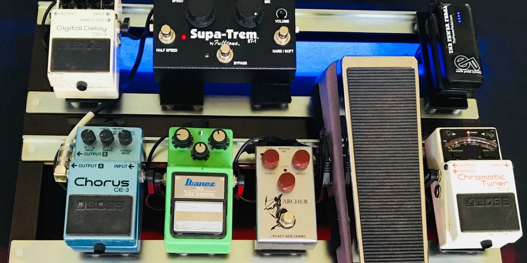 Earthboard loaded with various effects pedals