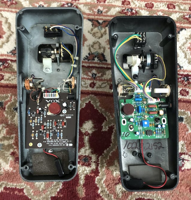 Guts of both the Vox and RMC pedals (note the red Fasel inductors)