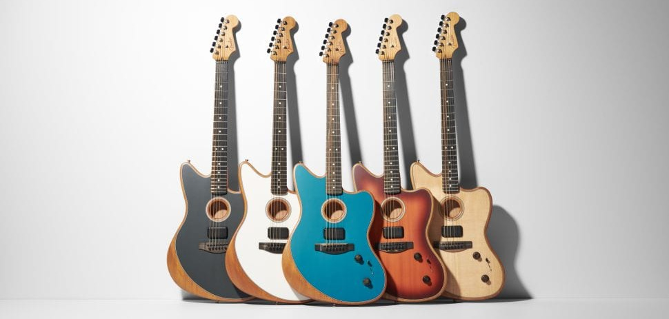 Fender American Acoustasonic Jazzmaster Ocean Turquoise, Natural, Tobacco Sunburst, Tungsten and Arctic White.