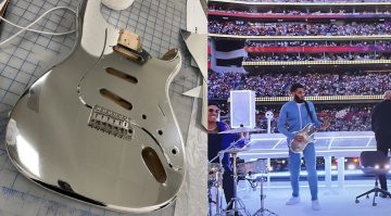 PRS Silver Sky Chrome Super Bowl guitar player during Dr Dre , Snoop Dog and Eminem half time show