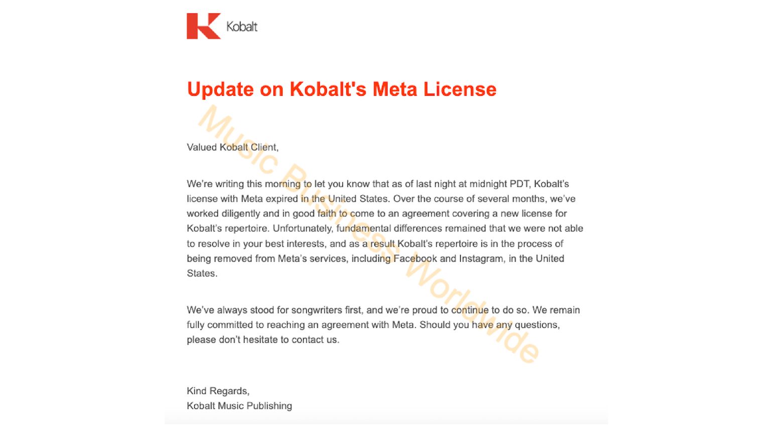 Kobalt Music letter